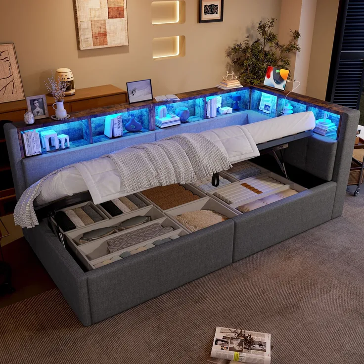 ZUBALIYA Schlafsofa / Tagesbett, mit hydraulische Aufbewahrungsfunktion und mehrfarbiger LED-Streifenbeleuchtung, 90 x 200 cm, Leinen, Grau, fürs Schlafzimmer, mit Stauraum, mit LED, Samt