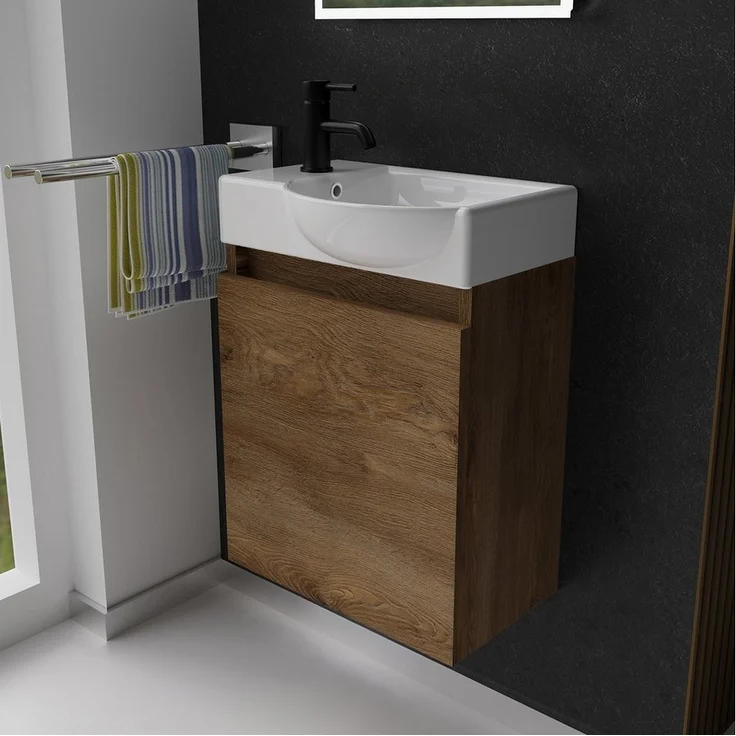 Alpenberger Badmöbel-Set Gäste WC Waschbecken mit Unterschrank - Hängeschrank Vormontiert, (Badschrank 2-tlg, Waschtisch hängend), Waschbeckenunterschrank mit Softclose - Farbe Eiche - Rechts Becken – Bild 5