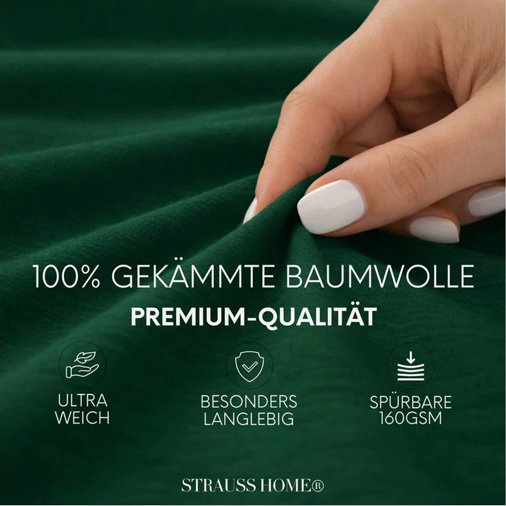 Strauss Home Spannbettlaken Premium 160 g/m² Gekämmte Baumwolle Jersey in Hotelqualität, Gummizug: Rundumgummi, OEKO-TEX®-zertifiziert - Hotelqualität – Formstabil & Langlebig – Bild 2