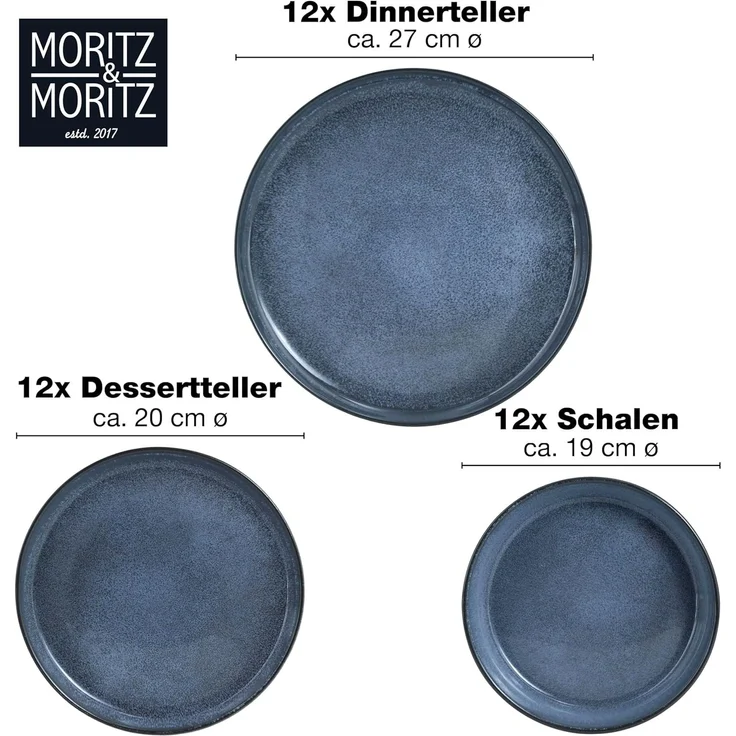 Moritz & Moritz VIDA Geschirrset 12 Personen Blau 36-tlg. - Modernes Porzellan Geschirr Set - Kratz-, Mikrowellen- & Spülmaschinenfest, Essgeschirr, Tafelservice, Kombiservice 12 Personen – Bild 5