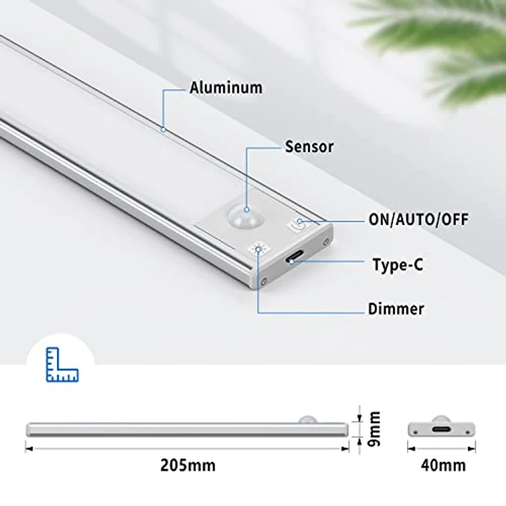 Schrankbeleuchtung LED mit Bewegungsmelder 20.5CM Unterbauleuchte Küche Stufenlose Dimmbar Unterbauleiste Led Leiste 1000mAh Aufladbar Nachtlicht für Küche Treppe Spiegelschrank Bücherregal 3 Stück – Bild 6