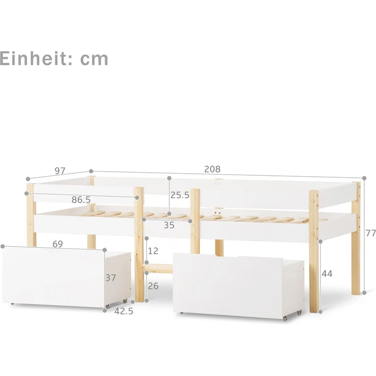 Bett Kinderbett mit Schublade und Rausfallschutz, Kiefer-Vollholz-90x200 cm-Weiß & Eiche – Bild 4