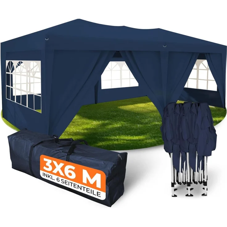 Kronenburg Faltpavillon wasserdicht Pavillon mit 6 Seitenteilen, Gartenzelt, 3x6 m - mit UV Schutz 50+, Blau – Bild 1