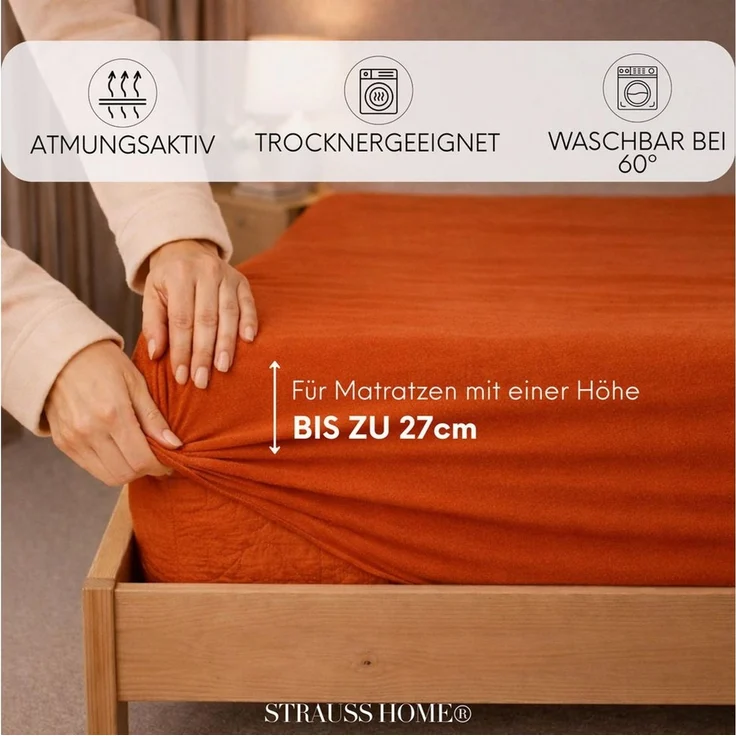 Strauss Home Spannbettlaken Premium 160 g/m² Gekämmte Baumwolle Jersey in Hotelqualität, Gummizug: Rundumgummi, OEKO-TEX®-zertifiziert - Hotelqualität – Formstabil & Langlebig – Bild 3