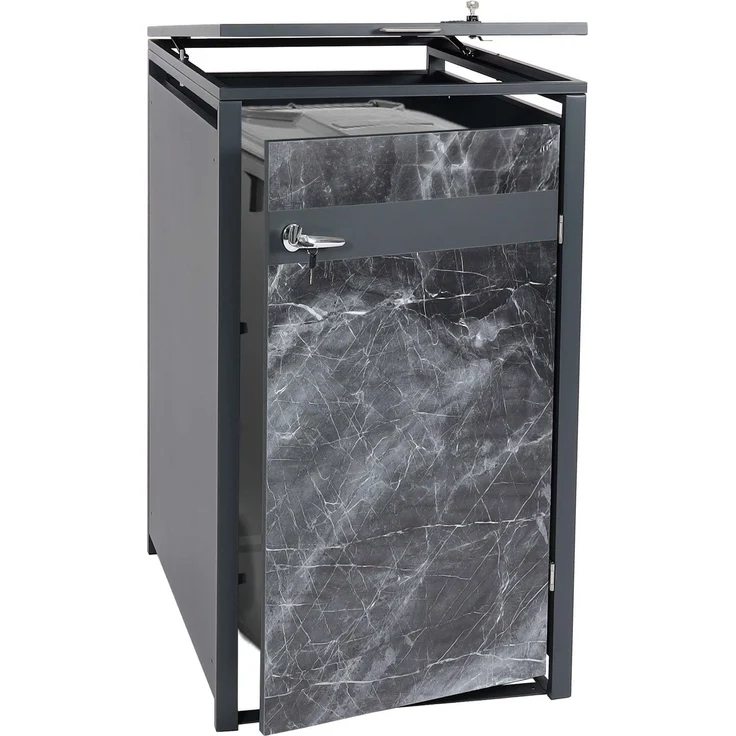 1er Mülltonnenverkleidung HWC-J82, Mülltonnenbox, erweiterbar, Metall 32kg, anthrazit ~ Marmor-Optik dunkel – Bild 1
