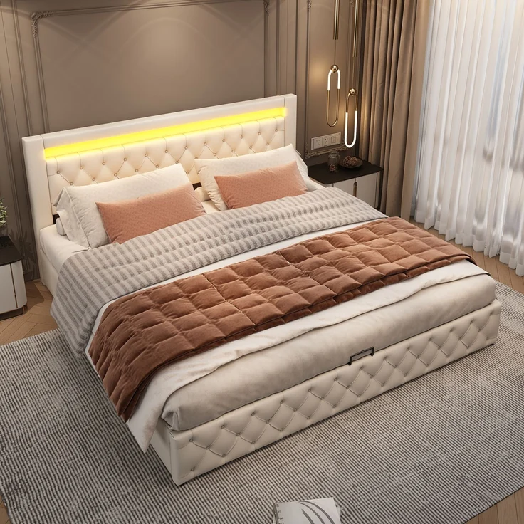 Polsterbett in Weiß 207*182*99cm , mit LED Beleuchtung und Bettkasten, modernes Bettgestell – Bild 5