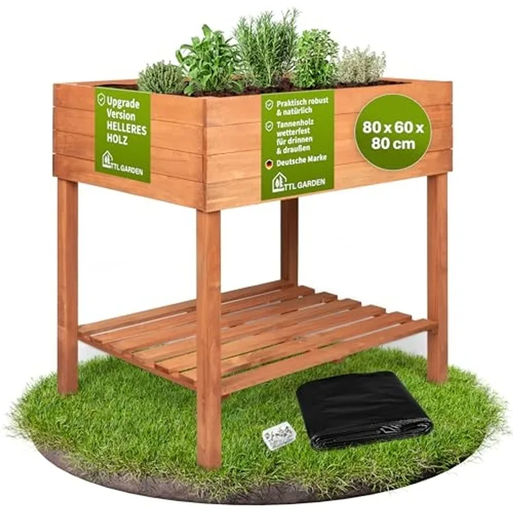 TTL GARDEN Balkon Hochbeet L 80 x 60 x 80 cm aus Holz - Pflanzkasten & Blumenkasten mit Ablageboden & Folie - Tannenholz wetterfest - Pflanzbeet Kräuterbeet Blumenbeet für Garten Balkon Terrasse - Braun