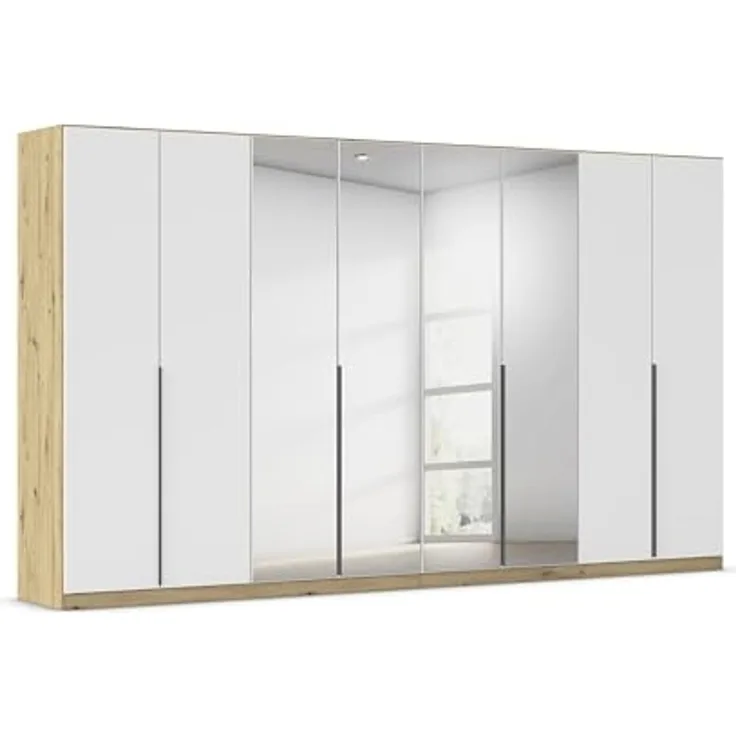 Rauch Möbel Alabama, Kleiderschrank für Schlafzimmer, Kinderzimmer, Wohnzimmer, Garderobe, Flur, 8-türig, Spiegel, mit Zubehör Premium, Farbe Weiß/Eiche Artisan, Holz, Breite 360 cm