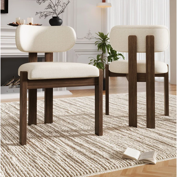 Esszimmerstühle 2er-Set aus Massivholz mit Bouclé-Bezug, 54x54x79 cm, walnussfarben – Bild 3