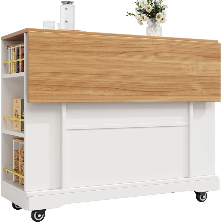 Servierwagen Kücheninsel Weiß, ausziehbar mit Schubladen & Ablage, multifunktional als Esstisch, Beistelltisch oder Küchenwagen, 90cmx120cmx40-65cm – Bild 8