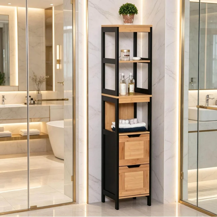 Badregal 30 x 30 x 144,3 cm aus Bambus und MDF mit 3 Ablagen und 2 Schubladen – Bild 2