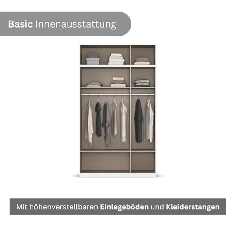 Rauch Möbel Lagoa, Kleiderschrank, Garderobe für Schlafzimmer, Kinderzimmer, Jugendzimmer 6-türig, mit Spiegel, 4 Schubladen, Farbe Weiß /Grau metallic, Schwarz, Breite 136 – Bild 7