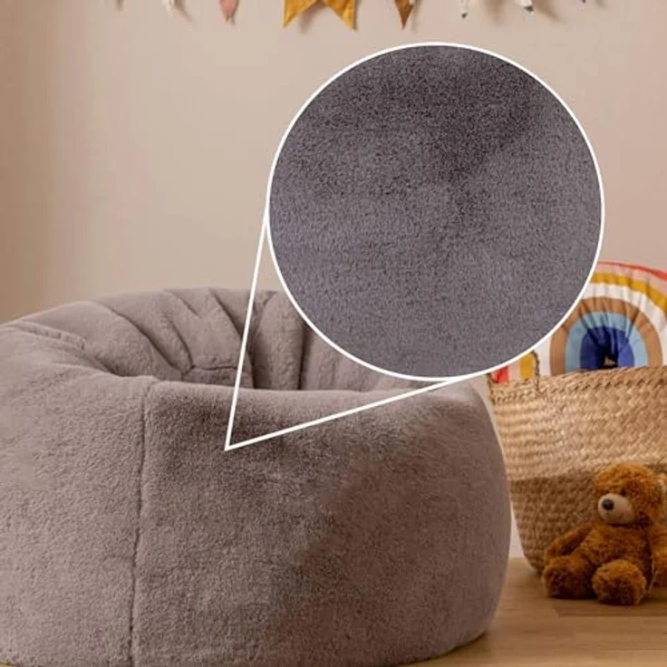 Icon Kingston Sitzsack Kinder, Hellgrau, Flauschiger Kunstpelzstoff, Sitzsack Flauschig mit Füllung, Bequemer Kinder Sessel, Kuschelsessel, Lese Sessel, Schlafzimmer, Kinderzimmer, Spielzimmer – Bild 8
