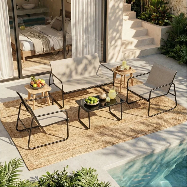 Mondeer Balkonset Gartenmöbel Set 4-tlg, (1 Tisch mit 1 Doppelstuhl 2 Einzelstühlen), Ergonomischen Armlehnen und Stabilem Stahlrahmen – Bild 2