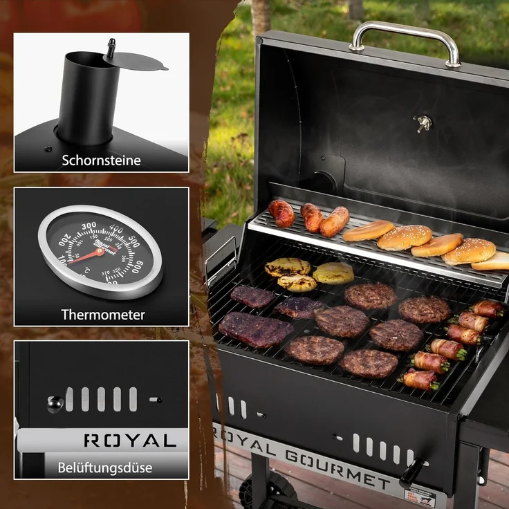 Royal Gourmet Holzkohlegrill Grillwagen mit klappbaren Seitenablagen, Smoker Standgrill mit Decekl, Thermometer, Kohlegrill Schwarz – Bild 5