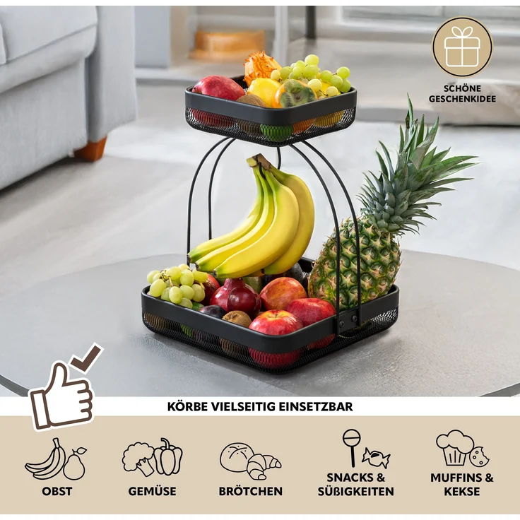 eluno Obstschale 2-stöckig mit Bananenhalter aus schwarzem Metall, Metall, (1-tlg) – Bild 4