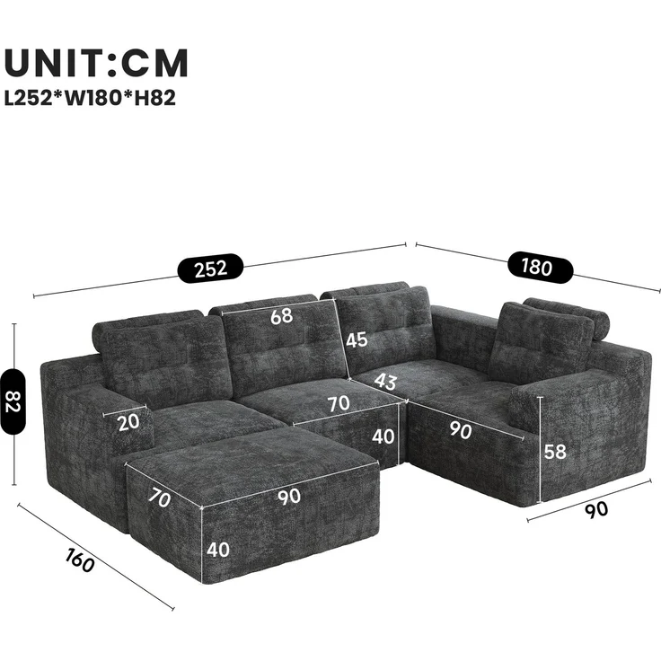 Ecksofa 252 x 180 x 82 cm in Grau, modulares 5-Sitzer-Sofa aus Chenille mit Hocker und rahmenlosem Vollschaumkomfort – Bild 5
