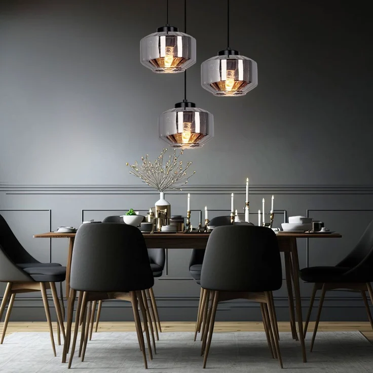 Hängeleuchte, 3-flammig, Metall Glas, schwarz rauch, H 120cm – Bild 2