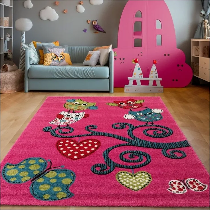 SIMPEX24 Teppich Eulen Design, Rund, Höhe: 11 mm, Kinderteppich Eule Design Baby Teppich Kinderzimmer Pflegeleicht
