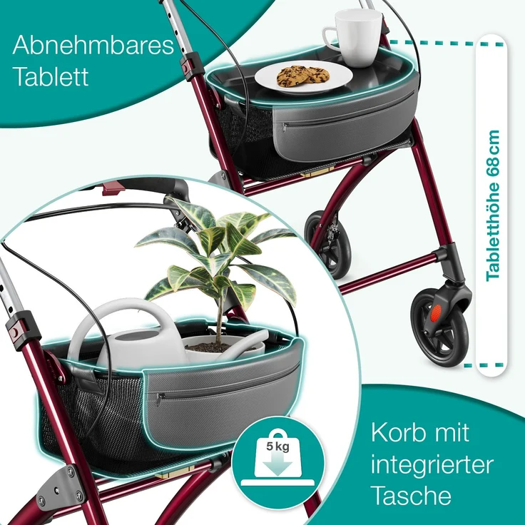 ELONEO Wohnungsrollator 54cm breit, faltbar und leicht, inkl. Tablett & Stoffkorb »Premium«, rot – Bild 2