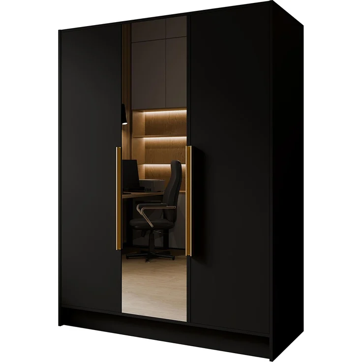 MEBLINI Kleiderschrank LUSINDA 150cm - Schwarz Matt - mit goldfarbenen Griffen - Drehtürenschrank mit einem Spiegel - Kleiderstangen und Regalböden – Bild 1