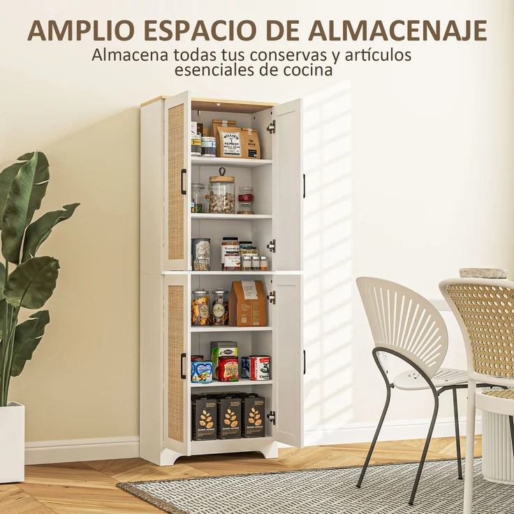 MELAYR, Küchenschrank mit verstellbaren Regalen, Rattantüren und Kippschutzsystem, 60 x 30 x 170 cm, Weiß – Bild 6