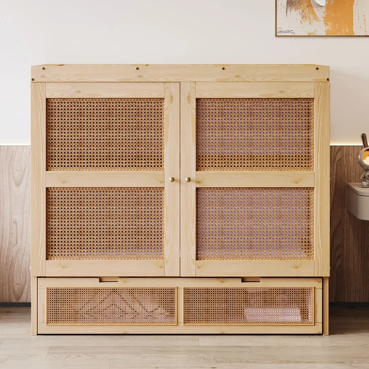 Bett 140x200 cm Schrankklappbett aus Holz in Natur, mit Lattenrost, Schubladen und Rattan-Design, ohne Matratze – Bild 4