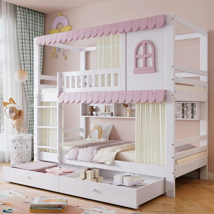 Merax Etagenbett 90x200cm mit 2 Schubladen, Kinderbett Hausbett mit Regal, Hochbett mit Lattenrost und Leiter, Stockbett Holzbett, Weiß+Rosa – Bild 1