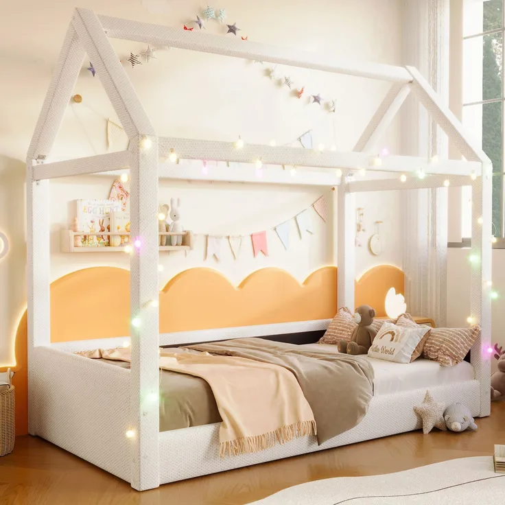 Gepolstertes Tagesbett 90x200 cm mit Haus-Design, LED-Lichtleisten und Leinenbezug, Beige