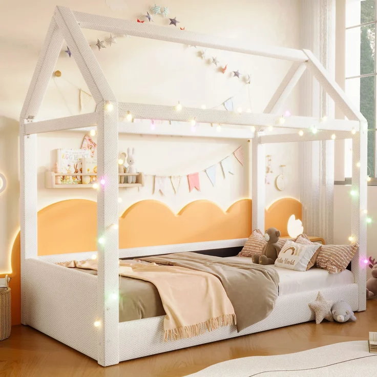 Gepolstertes Tagesbett 90x200 cm mit Haus-Design, LED-Lichtleisten und Leinenbezug, Beige – Bild 1
