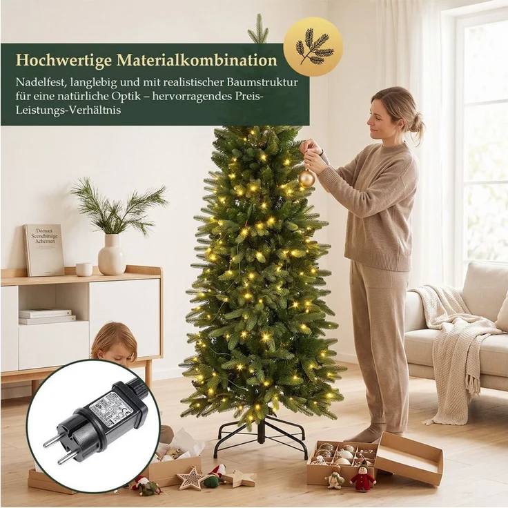 Salcar Künstlicher Weihnachtsbaum Schmal Weihnachtsbaum mit Beleuchtung Tannenbaum Bleistift Kunstbaum, Tanne, 120 cm mit 476 Spitzen (276 PE & 170 PVC) und 100 warmweißen LEDs – Bild 4