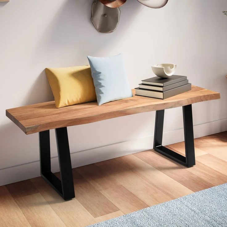 Garderobenbank 120x40x45,5cm Akazie Massivholz Baumkante Metall Trapezbeine Schwarz – Bild 2