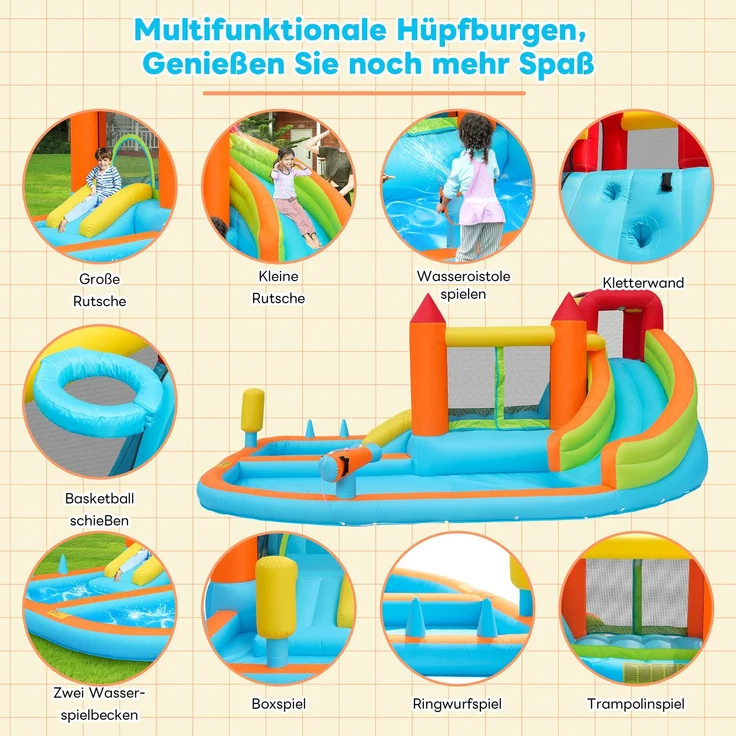 LVHOM Aufblasbare Hüpfburg mit Gebläse, Spielpool, Trocken-/Wasserrutsche, Springburg Outdoor, Wasserpark mit Trampolin, Planschbecken, 460 x 343 x 190cm – Bild 6