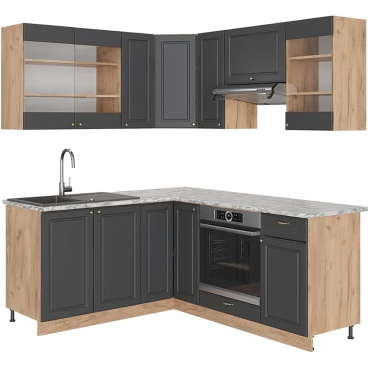 Eckküche Fame-Line Anthrazit-Gold Landhaus/Goldkraft Eiche 190 x 160 cm ohne Arbeitsplatte Vicco – Bild 1