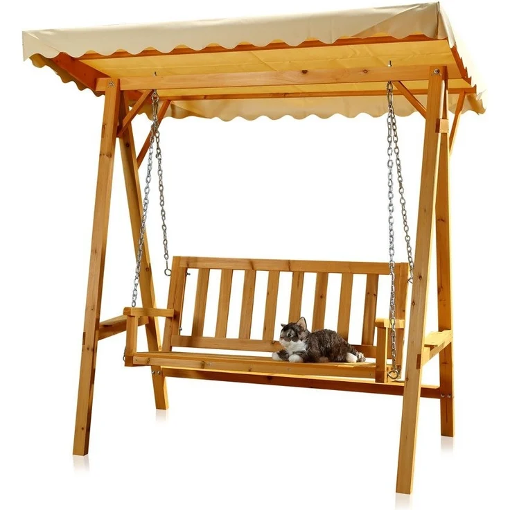 Hollywoodschaukel Natur/Beige Holz Gartenbank Outdoormöbel Hängeliege Sonnendach – Bild 7