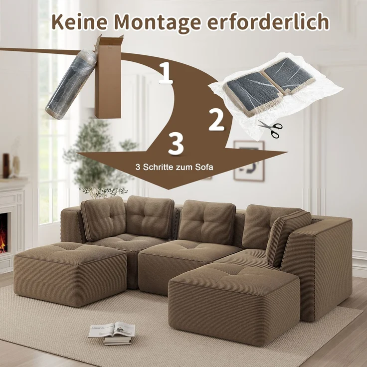 EINHOM Modulares Wohnzimmersofa ohne Gestell, modulares Sektionssofa mit Ottomane, geeignet für das Wohnzimmer, dreisitziges Cord-Sofa mit tiefer Sitzfläche, keine Montage erforderlich, Braun – Bild 7