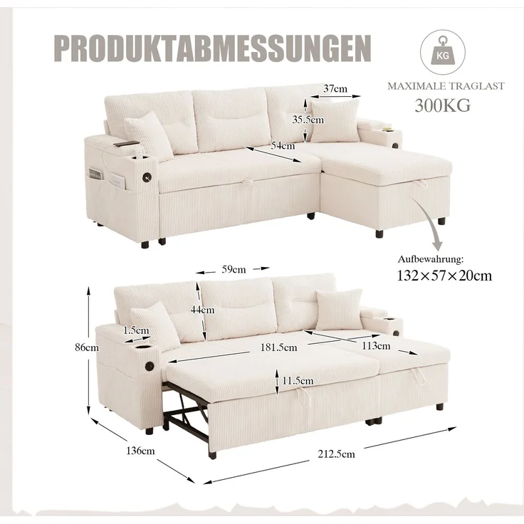 LVHOM Ecksofa mit Schlaffunktion L-Form, Schlafsofa mit Bettkasten, Loungesofa mit USB-C-Anschluss, Seitentaschen und Becherhaltern, Polstersofa aus Cord, Bettsofa ausziehbar 3 Sitzer – Bild 7