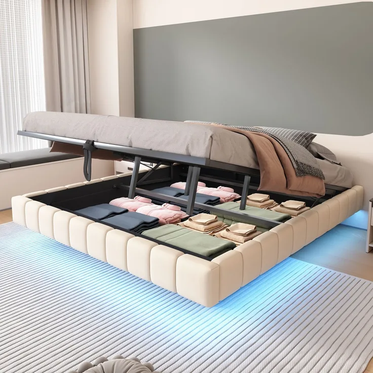 Polsterbett 180x200 cm, Hydraulischer Schwebebettrahmen mit Stauraum, Multifunktionales Polsterbett ohne Kopfteil mit LED-Licht, Leinen Beige
