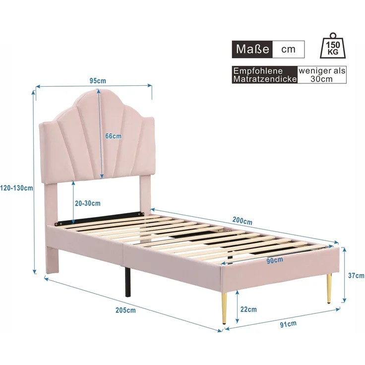 Polsterbett 90×200 cm aus Samt-Stoff mit verstellbarem Kopfteil, rosa – Bild 3