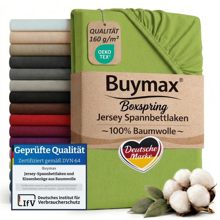 Buymax Spannbettlaken Boxspringbett 140x200-160x220 cm, 100% Baumwolle Jersey, 160 g/m², Oeko-TEX, für hohe Matratzen, Apfelgrün