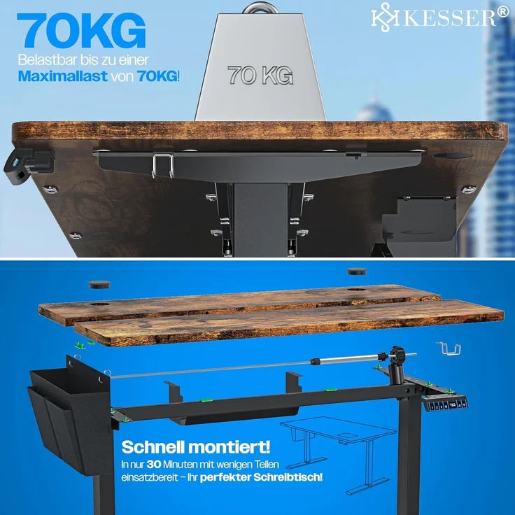 KESSER® Höhenverstellbarer Schreibtisch elektrisch | Ergonomisch Steh-Sitz Schreibtisch | 3-Funktions-Memory Steuerung | Inkl. 360° Rollen & USB-Ladeanschluss | Computertisch für Homeoffice Braun, 100 x 60 cm – Bild 6