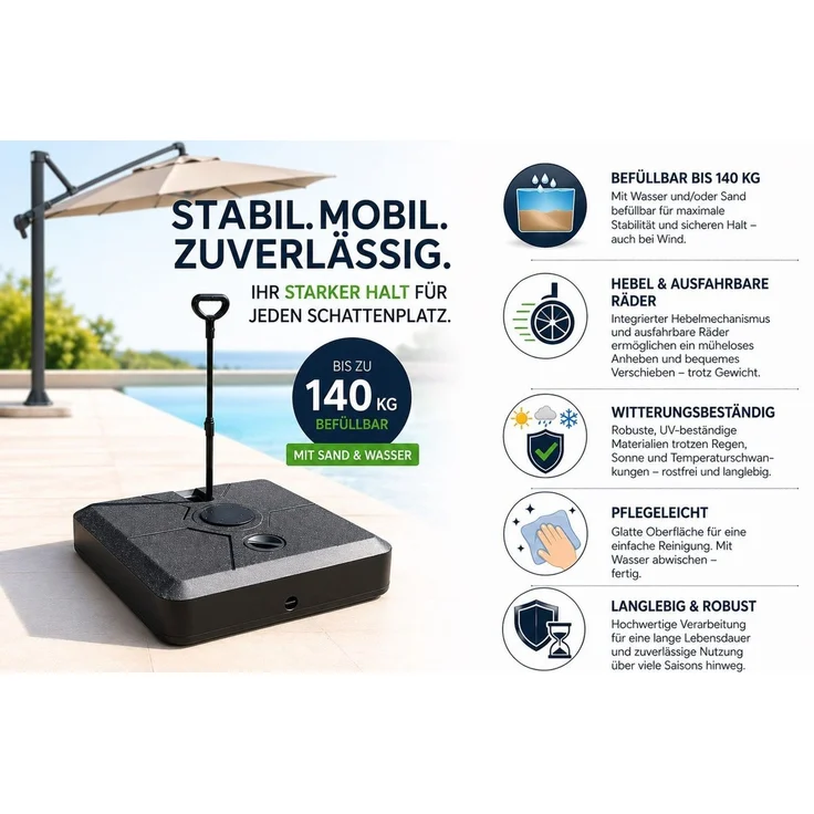 Gardissimo SMART 140kg Ampelschirmständer befüllbar mit Hebelfunktion und Rollen – Bild 6