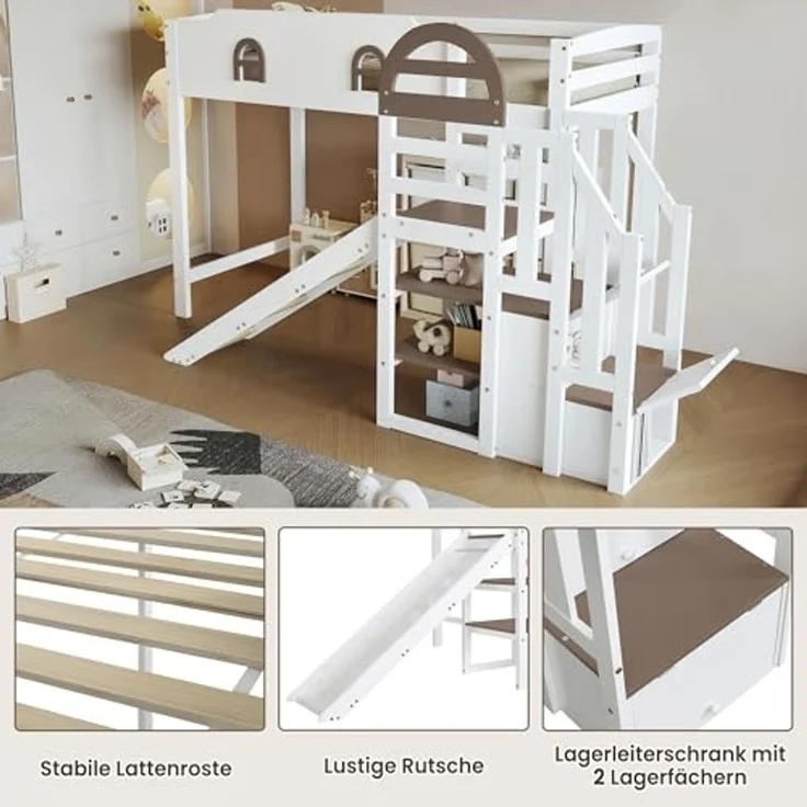 Ball & Cast Kinderbett (90x200cm) Hochbett mit Kinderrutsche und Treppe, Einzelbett aus Holz mit Gitter und 2 Schließfächer, Weiß – Bild 5
