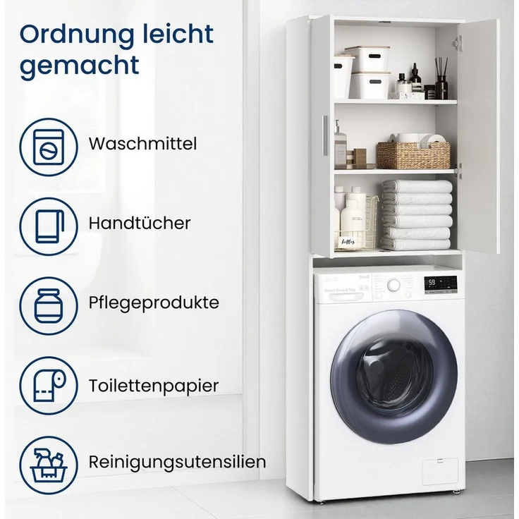 Home Collective Waschmaschinenumbauschrank Hochschrank mit 3 Fächern robust und pflegeleicht 65x30x187 cm (BxTxH), Weiß, praktisch & viel Stauraum – Bild 2