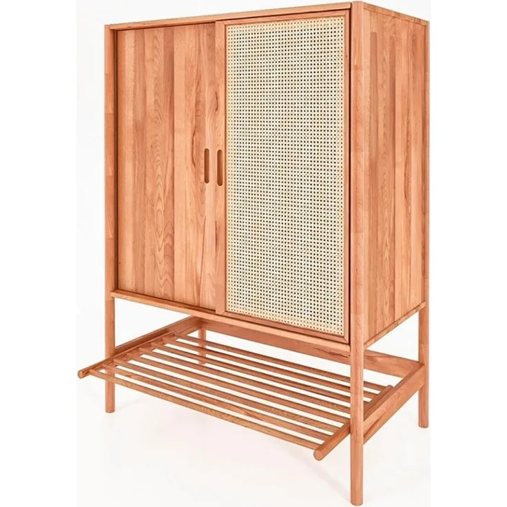 Garderobenschrank Zola Kernbuche massiv mit Rattan 108x150 Schiebetüren 1 Fach