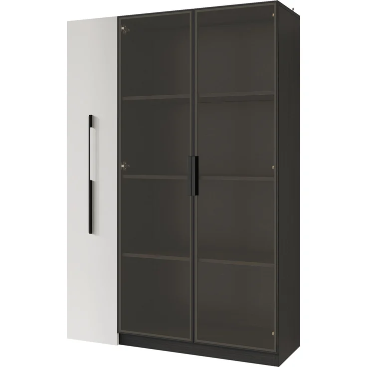 Flieks LED Vitrinenschrank 110.5×35×160 cm, Multifunktionsschrank mit Glasvitrine, Bücherregal & Aufbewahrungsschrank, Rollschrank schwarz & weiß – Bild 6