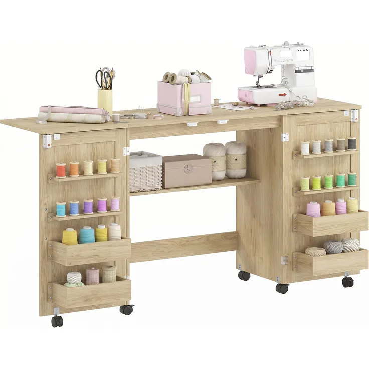 Wohnora-Klappbarer Nähtisch, Nähschrank auf Rollen, 2 Magnettüren, 4 Ablagen, 20 Haken, 160 x 40 x 83 cm, Eiche,H 830cm x T 800cm x B 400cm