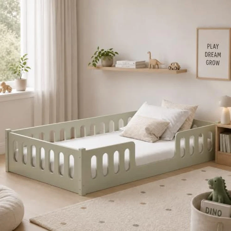 CADANI Monte 120x200 Grün Bodenbett - Rausfallschutz abnehmbar, bis 200 kg | Montessori Kinderbett, robuster Roll-Lattenrost, abgerundete Kanten, hochwertige Fertigung in der EU für langlebige Qualität – Bild 2
