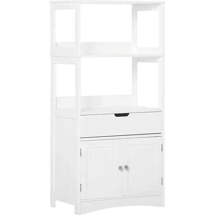 kleankin Badezimmer Midischrank Badezimmerschrank mit 2 offnenen Regalen Schublade Unterschrank Weiß 60 x 33 x 122,5 cm