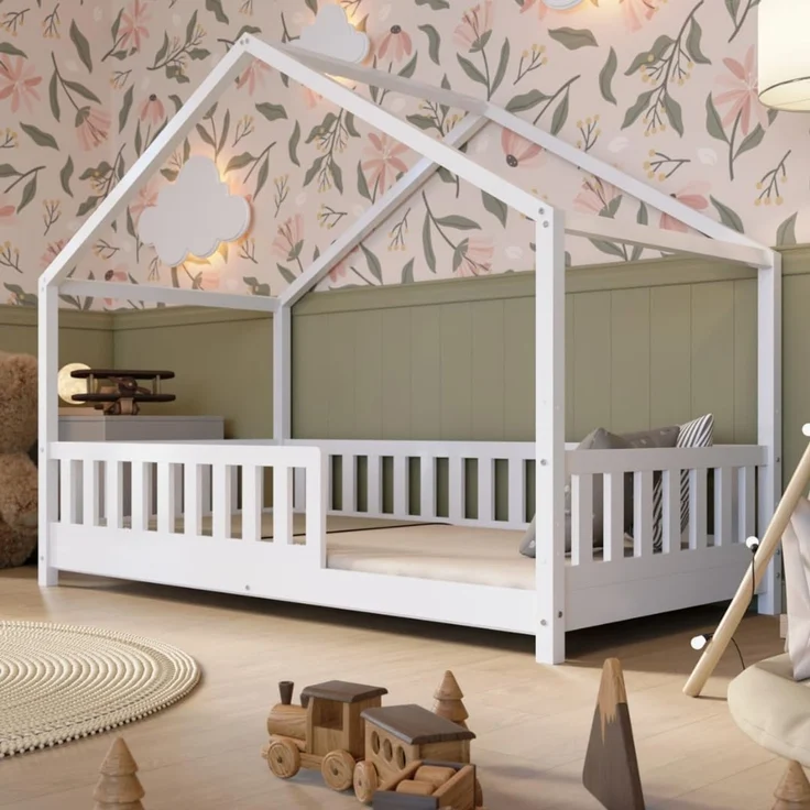 Crazy Pine 'Crazy House' Hausbett mit abnehmbaren Rausfallschutz, Naturholz, Weiß, 100x200 cm, mit Höhenverstellbaren Beinen – Bild 1